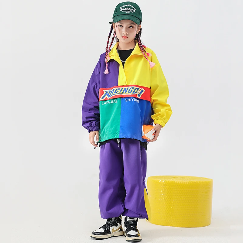 

Детская одежда в стиле хип-хоп, куртка с цветными блоками, ветровка, топ, уличная одежда для подростков, брюки-Джоггеры для девочек и мальчиков, костюм для джазовых танцев, одежда
