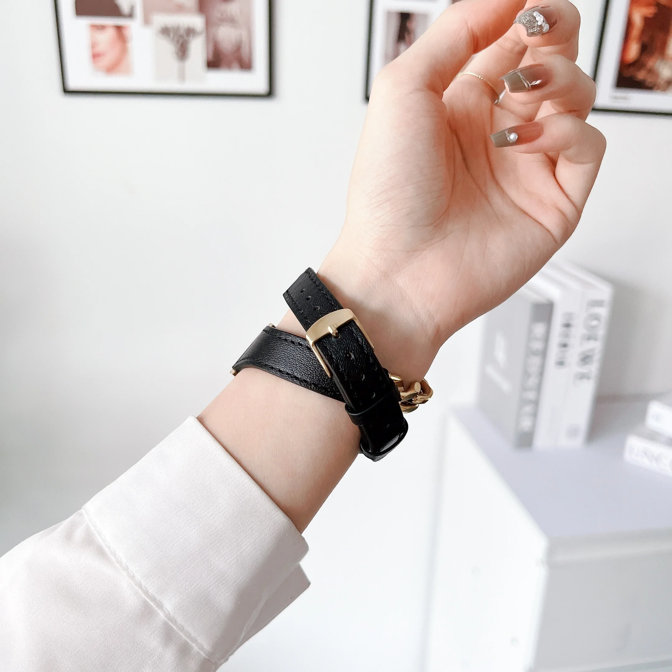 Leather Strap for Apple Watch bracelet double chain iwatch87654321SE Ultra men fashion stainless steel40 41 42 44 45 women wrist