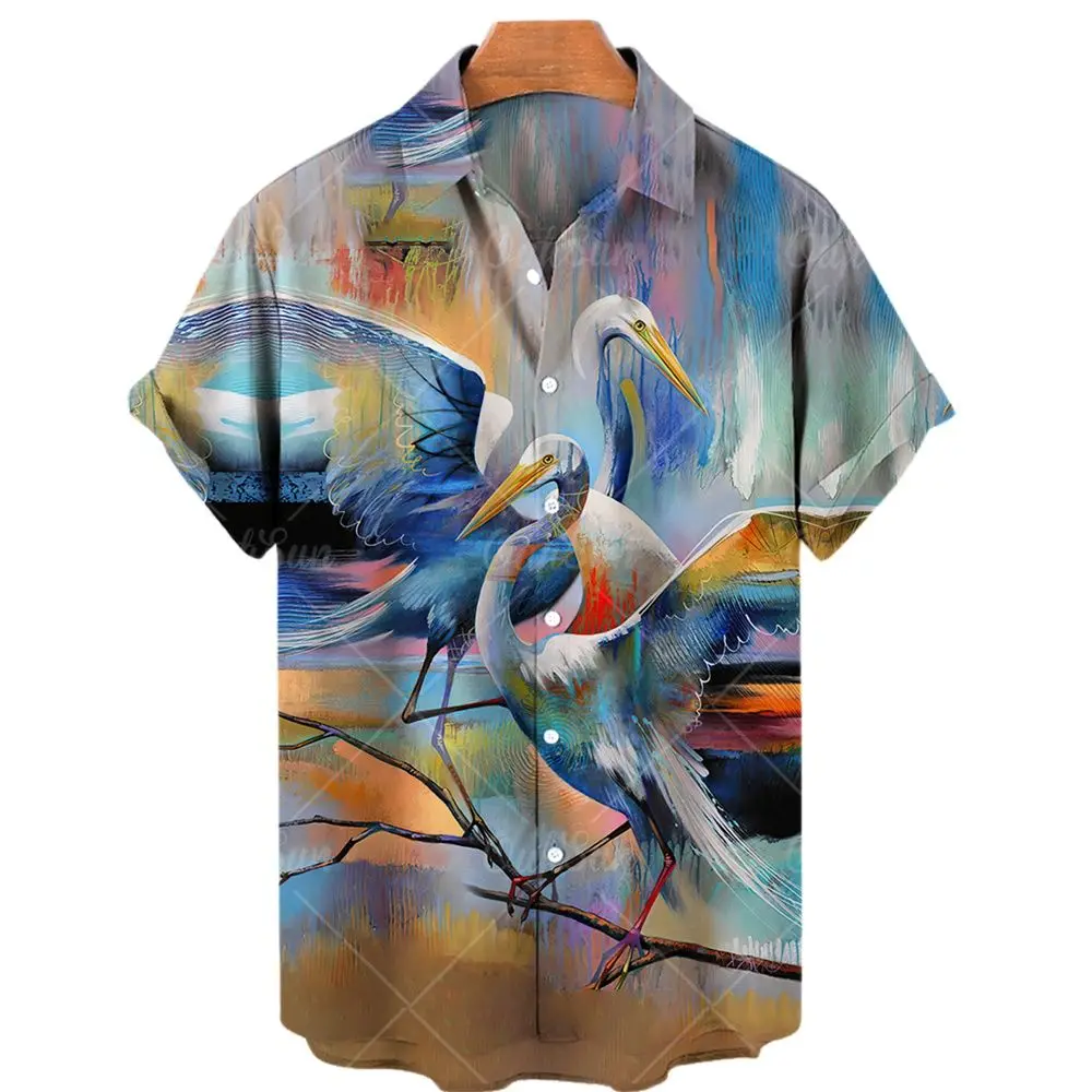 2023 3D Printed Animal Crane Hawaiian Short Sleeve Men's Shirt Streetwear 5XL Loose Streetwear Beach
