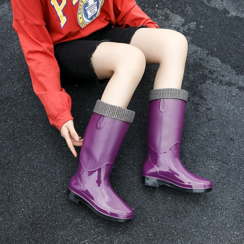 New Fashion Platform Mid-Calf Rain Boots Women's Warm Water Boots Female Jelly Bottom Non-Slip Waterproof PVC Shoes