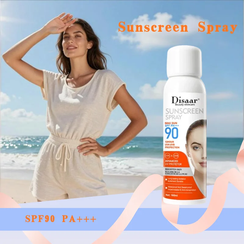 Фото Солнцезащитный спрей 160 мл SPF90, защита от УФ-излучения, водостойкий, устойчивый к поту, длительного действия, увлажняющий, нежирный, осветляющий, для ухода за кожей тела №1