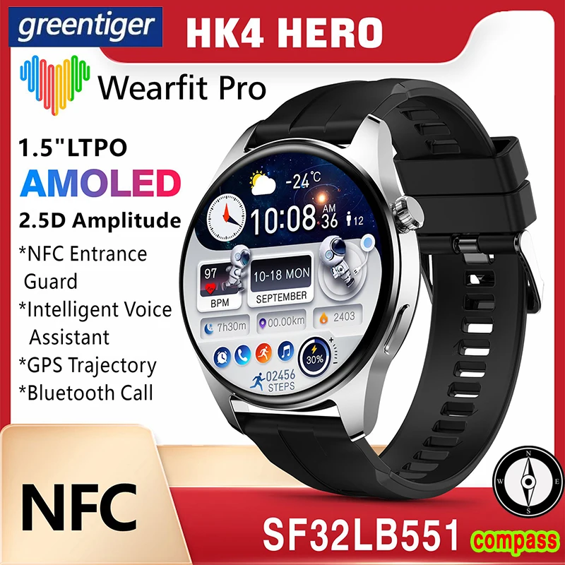 

Оригинальные Смарт-часы AMOLED HK4HERO с компасом, Bluetooth, вызовом, GPS-трекером, Siri HK4 Hero, 1,5 дюйма, 2.5D, Смарт-часы с амплитудой для мужчин