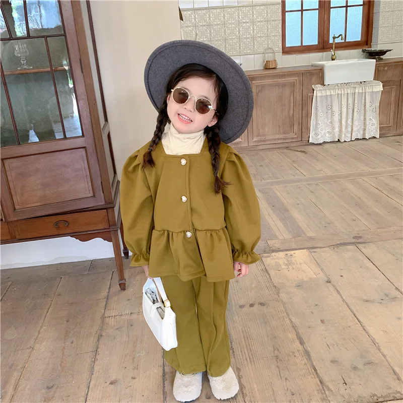 

Весна 2023, корейский стиль, брюки с оборками и квадратным воротником для девочек, комплект из двух предметов