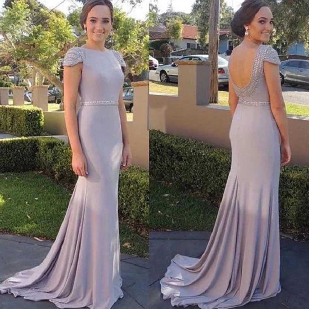 

Satin 2022 Mother Of The Bride Dresses Elegant Mother Gowns Mermaid Floor Length Beaded Backless Jewel Neck Vestidos De Fiesta