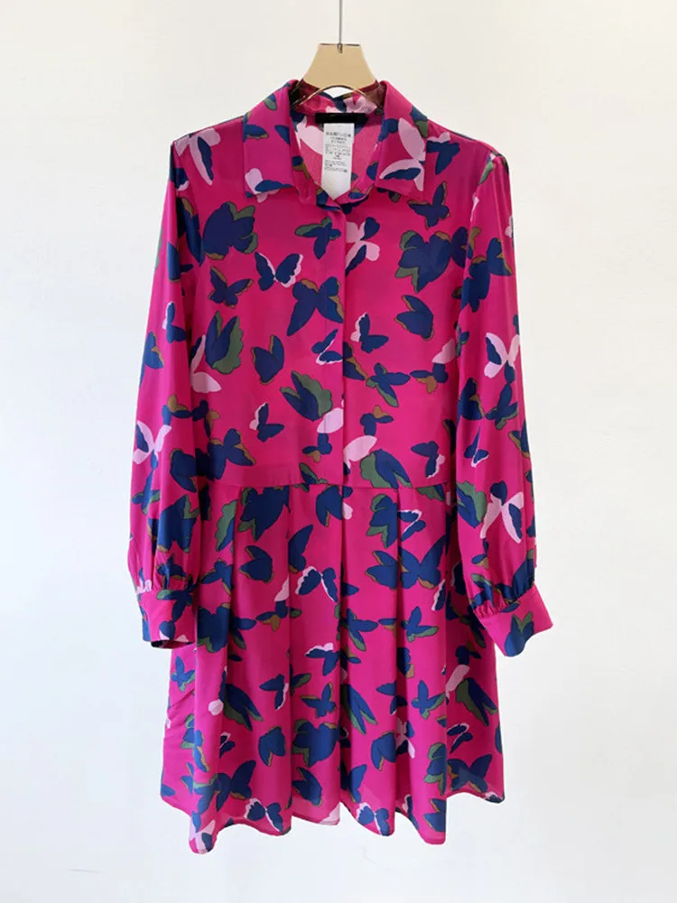 Women's Flower Print Pleated Hem Turn-down Collar Slim Silk Midi Dress