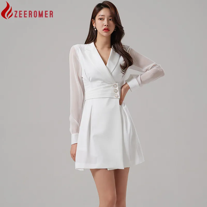 

2022 Spring Elegant White Casual Dress Women Suit Collar Long Sleeves Stitching Party Dress Korean Simple A-Line Dress Vestidos