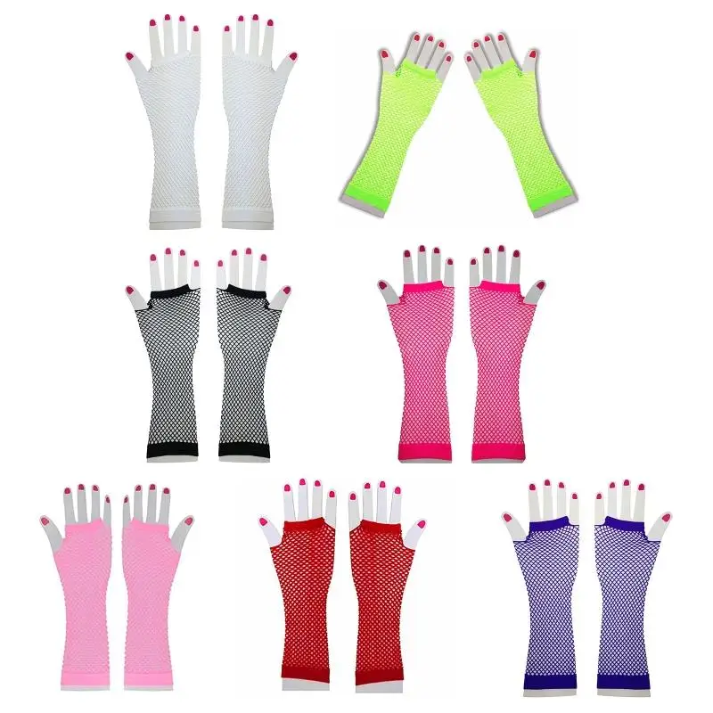 

1Pair Various Neon Colours Fancy Dress Short Fingerless Fishnet Gloves for Women X4YC