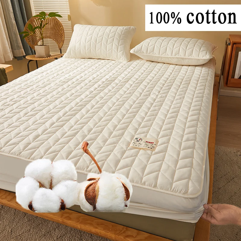 

100% Cotton Quilted Mattress Cover Or Pillowcase Solid Color Thicken Soy Fibre Fitted Sheet Soft Bed Topper Protector Elastic