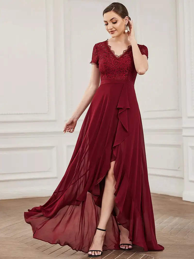 

Luxury Evening Dresses V Neck Short Sleeves Hollow out 2023 ever pretty of Asymmetrical Hem Burgundy Bridesmaid dress