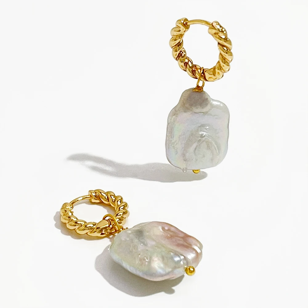 

Peri'sBox Detachable Twisted Huggie Earring Square Natural Baroque Pearl Drop Earrings Trendy Statement Unusual Dangle Earrings