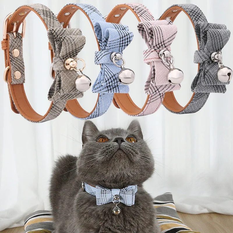 

2021 Pet New Bow Tie Diagonal Stripes Gentleman Cat Dog Bell Collar Multicolor Adjustable PU Leather Collar