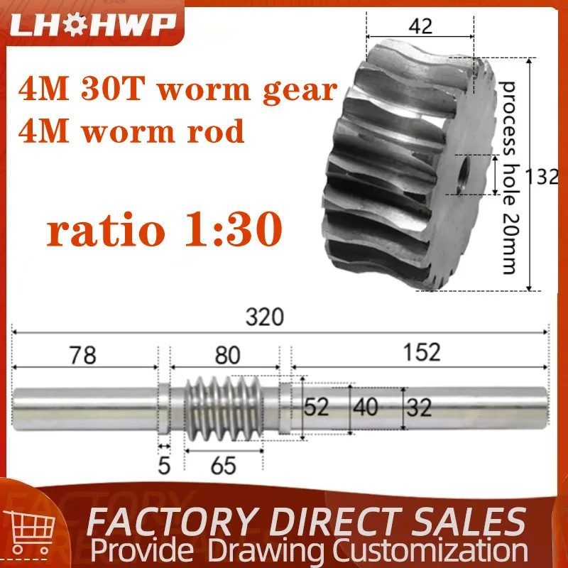 

1 sets 4 Modulus 4M Worm rod with worm gear 4M 30T 30 teeth 45# steel reduction ratio 1:30 worm rod with process hole