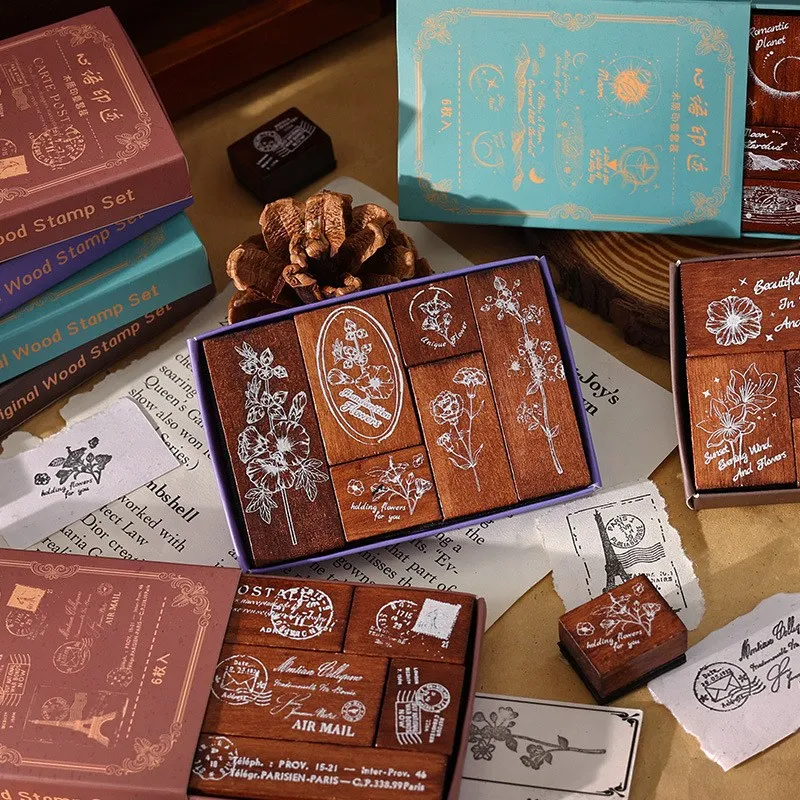 

6 Pcs Wooden Rubber Stamp Set Flowers Planet Postmark Scrapbooking Stamps Set For DIY Craft Card Making Happy Planner Supplies