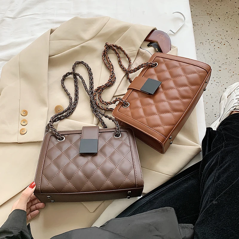 Fashion PU Leather Chain Shoulder Bags For Women Solid Color Diamond Lattice Crossbody Bags Ladies Shopping Handbag Phone Pouchs