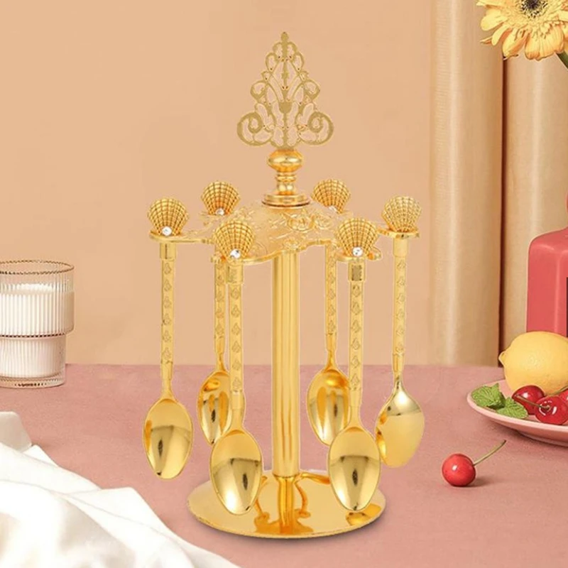 

European Kitchen Spoon Holder Fashion Shell Design Hotel Home Restaurant Zinc Alloy Dessert Spoon Holder With 6 Spoons