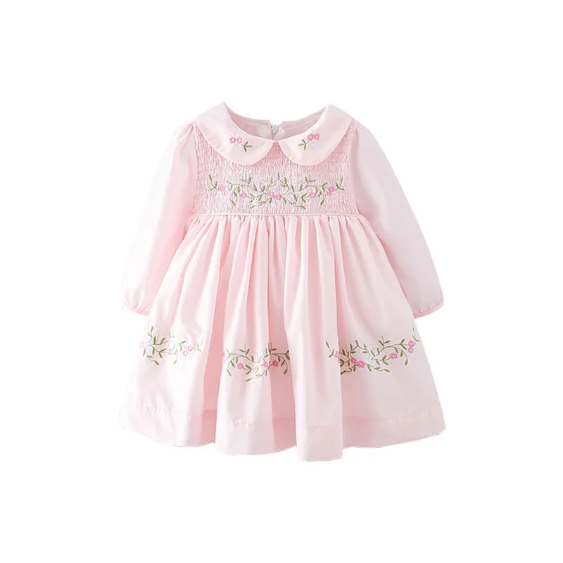Infant Baby Girls Pink Embroidery Princess Dresses Children Clothing 2022 Spring Toddler Girls Long Sleeve Cotton Smocked Dress