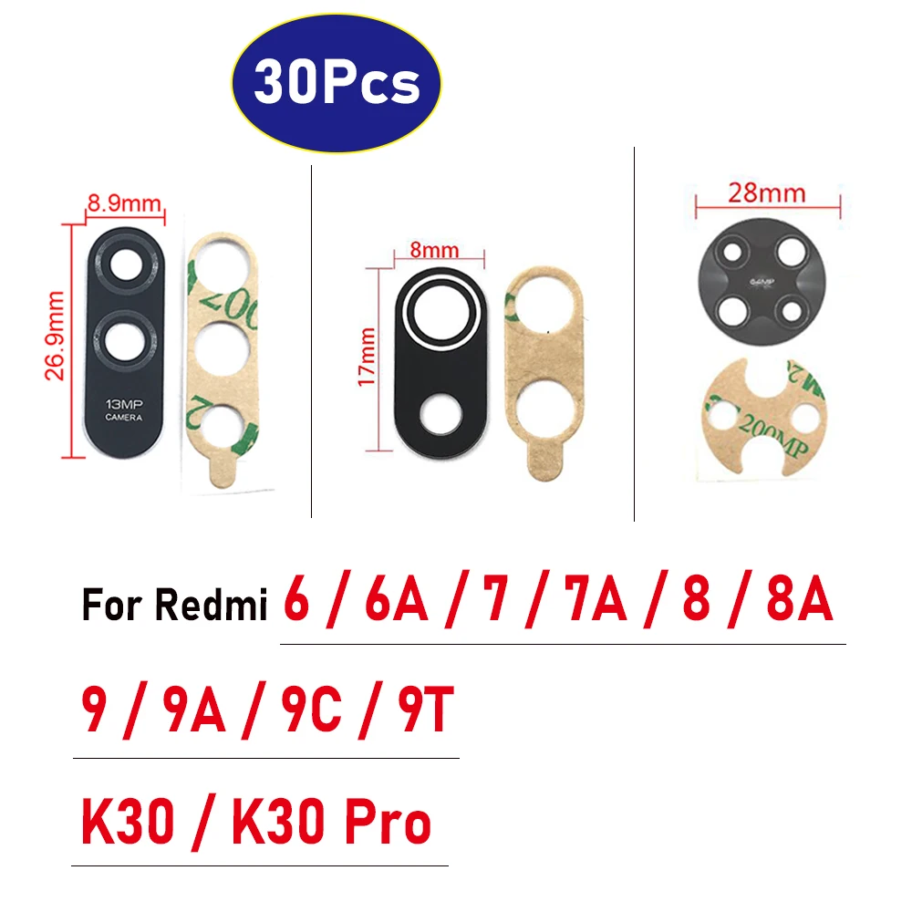 

30Pcs，100% Original For Xiaomi Redmi K40 6 6A 7 7A 8 8A 9 9A 9C 9T K30 Pro K40s Back Rear Camera Glass Lens With Ahesive Sticker