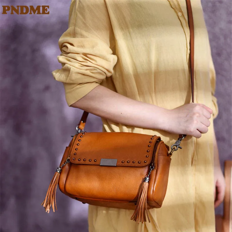 PNDME fashion vintage genuine leather women shoulder bag outdoor casual designer high quality real cowhide ladies crossbody bag