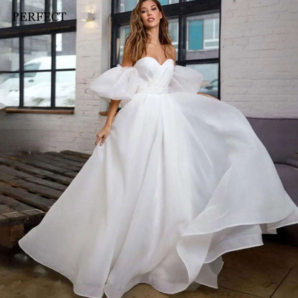

PERFECT Modern Sweetheart A-Line Wedding Dresses Simple Puff Sleeves Backless Lace Up Bridal Gowns Sweep train Vestidos De Novia