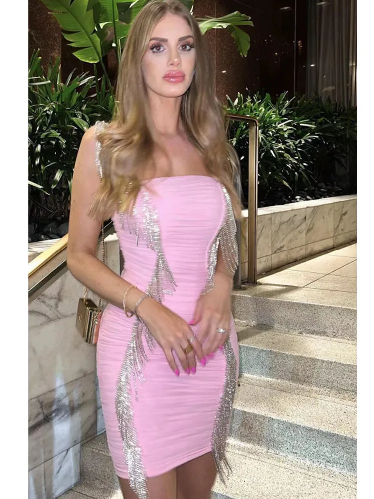 

High Quality Women Pink Ruched Mesh Banage Bodycon Mini Dress Diamonds Tassel Glitter Celebrity Evening Club Party Dresses