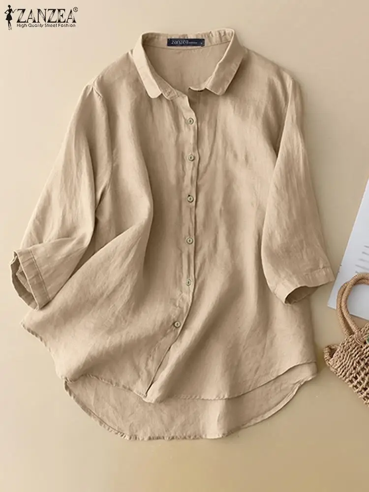 

ZANZEA Summer Women Vintage Shirt Casual Loose Cotton Blusas Female Fashion Solid Work Shirt Mujer Lapel Neck 3/4 Sleeve Blouse