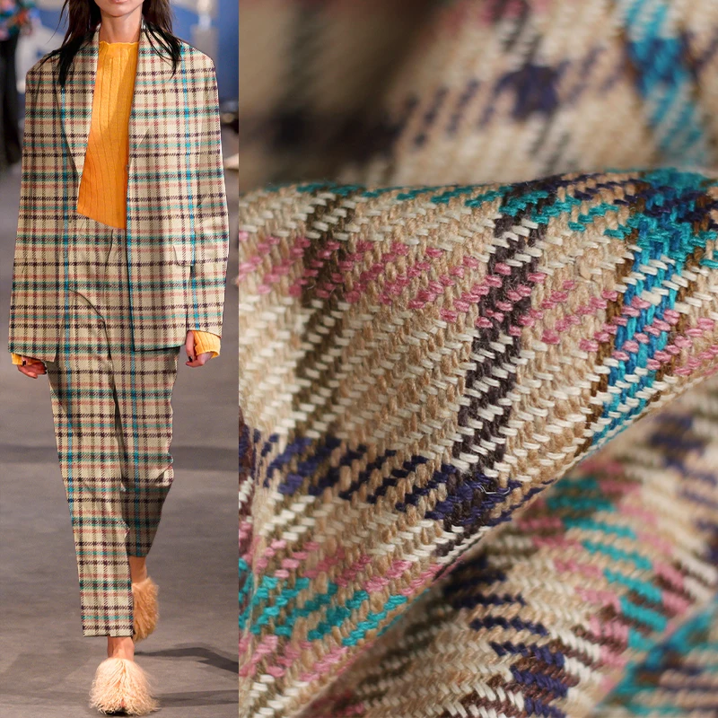 

Autumn New Weight Tussah Silk Camel Powder Blue Checked Worsted Wool Coat DIY Sewing Fabric By The Yard Free Shipping