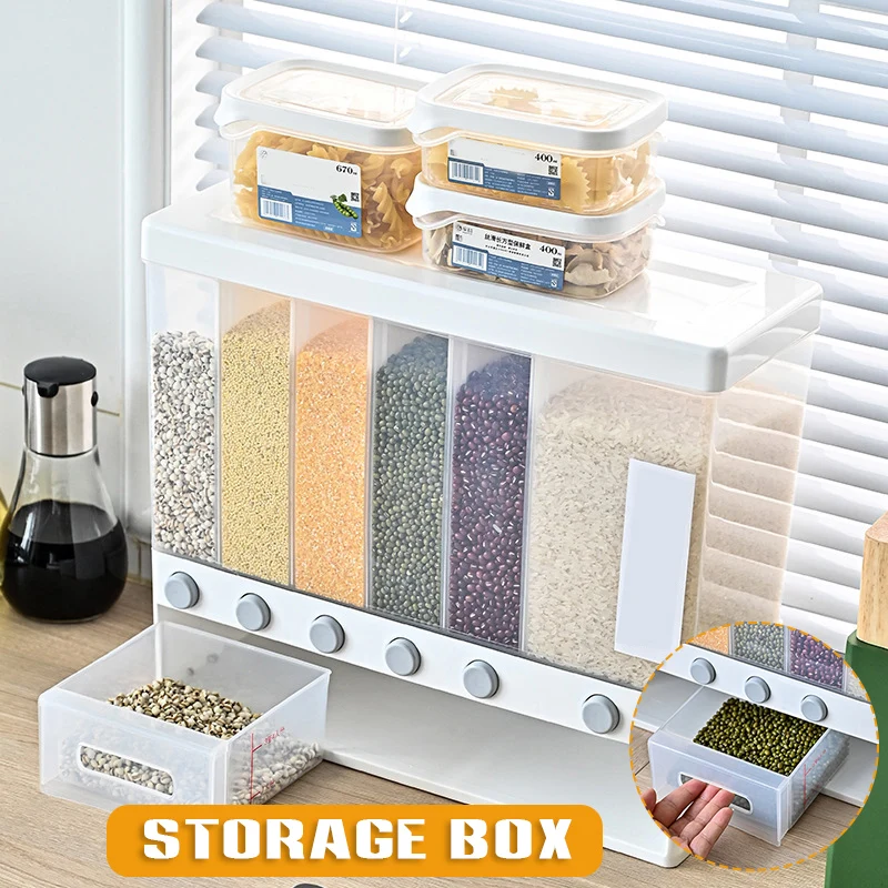 Wall-Mounted Rice Dispenser 6-Grid Grain Storage Box Large Capacity Rice Bucket Practical Kitchen Accessories GQ