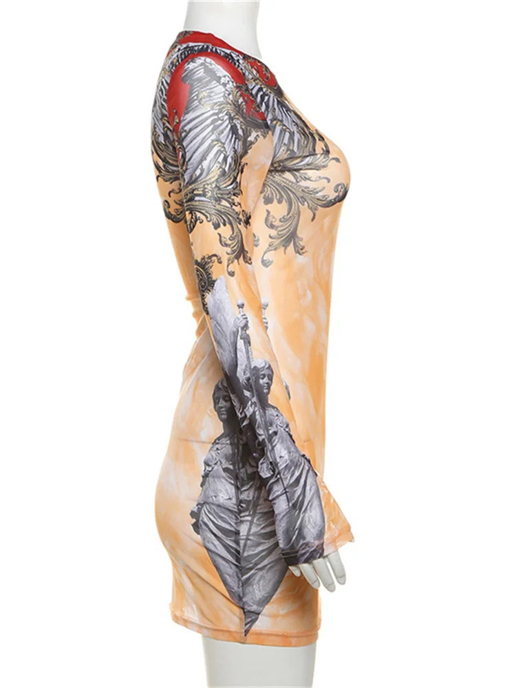 Simenual 90-х годов прозрачное мини-платье с длинными рукавами и цифровым принтом в