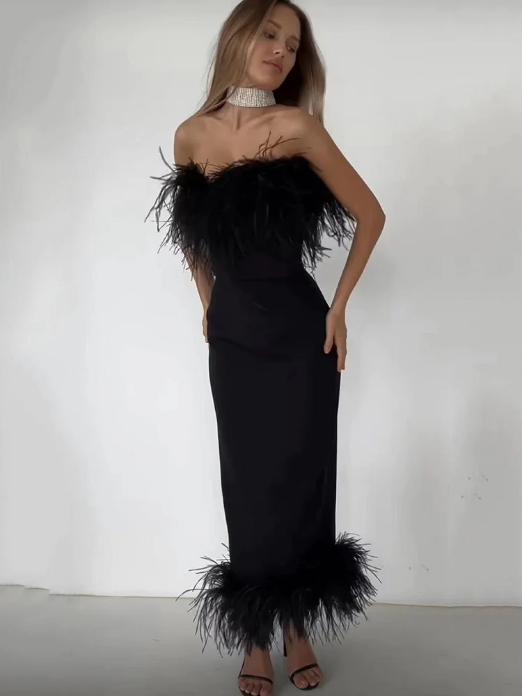 Laura Kors Winter Women Sexy Strapless Feather Backless Black Mini Bodycon Bandage Dress Elegant Evening Club Party Dress