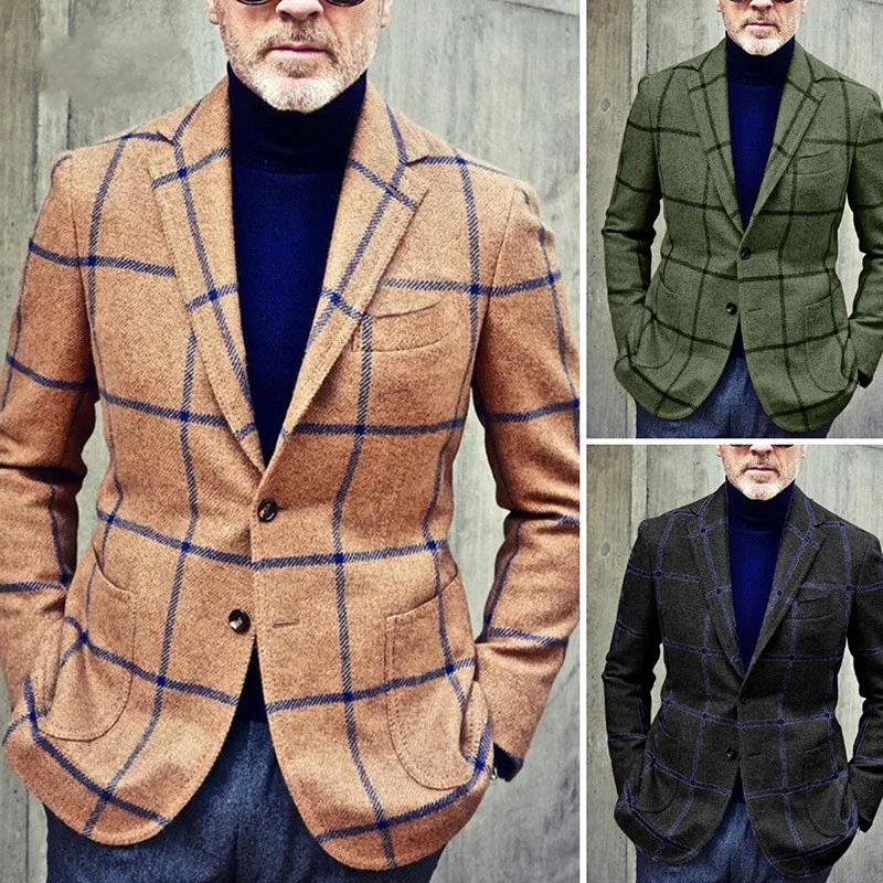 Пиджак мужской твидовый в клетку, однобортный пиджак в стиле ретро, деловой пиджак, приталенный воротник, цвет хаки