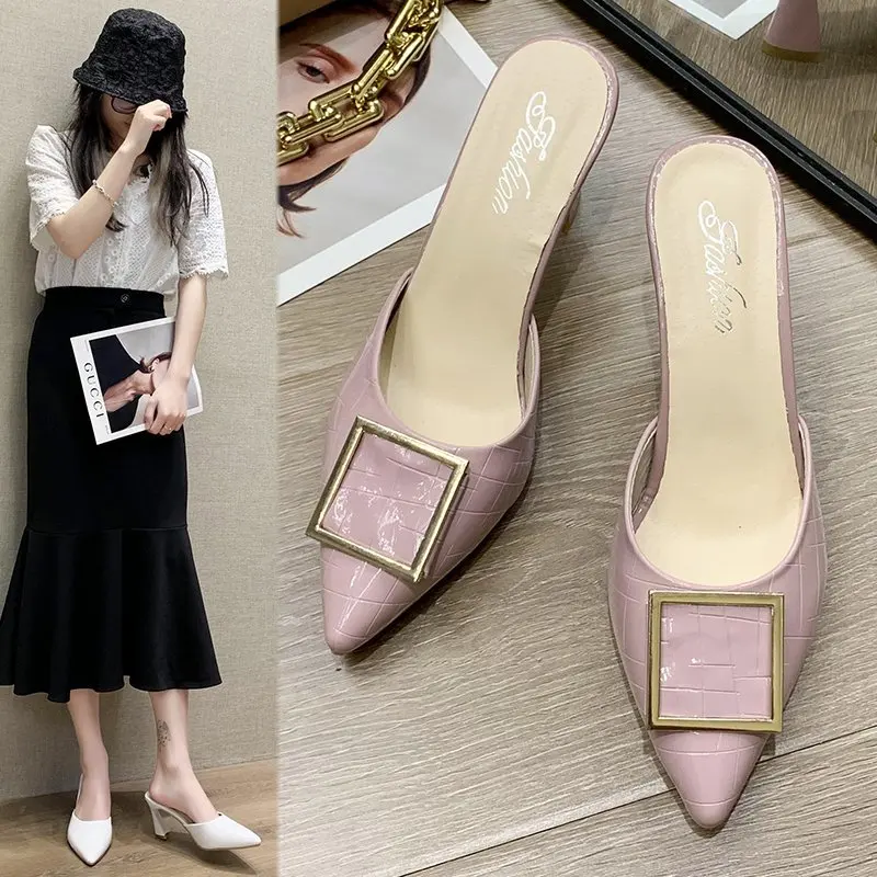 

2022 Summer Shoes High Heels Sandals Soft Leather Women Slippers Outdoor Casual Mules Slippers Female Peep Toe Party Sexy Shoes