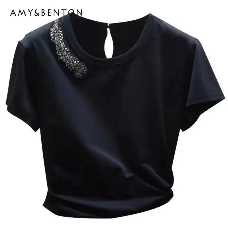 

Classic Style Black Rhimestone Puff Sleeve Bottoming T-shirt Female 2023 Summer Design Sense Niche Short Top Basic Tees T Shirts