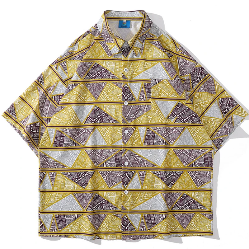 

Summer Unisex Rrtro Harajuku African Ethnic Print Turn-Down Collar Couple Shirts Men Oversize Hawaii Short Sleeve Tropica Shirt