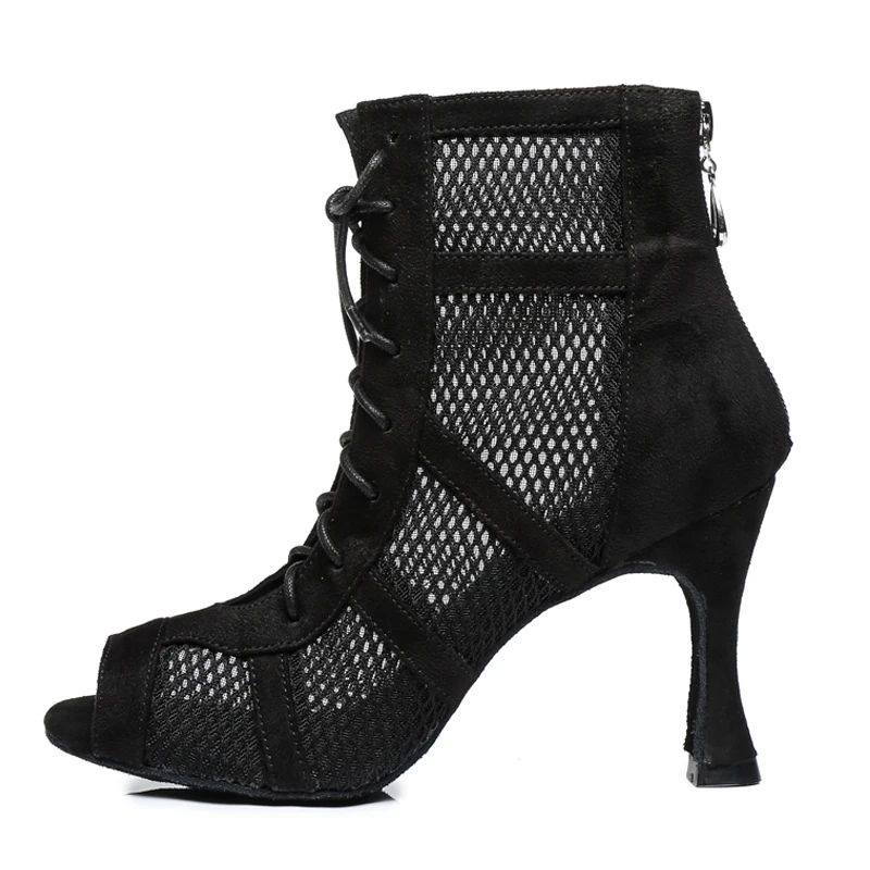 SWDZM Cool Women's Short Boots Ballroom Dance Boots Girls Jazz Black Suede Sole Dance Shoes Net Boots Custom Heel Sandals
