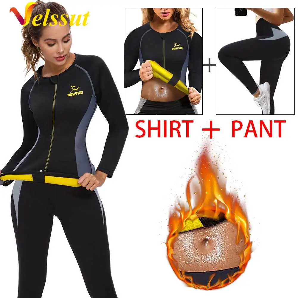 

Velssut Women Sauna Set Weight Loss Suit Neoprene Jacket Pants Sweat Top Legging Shirt Yoga Body Shaper Waist Trainer Sport Gym