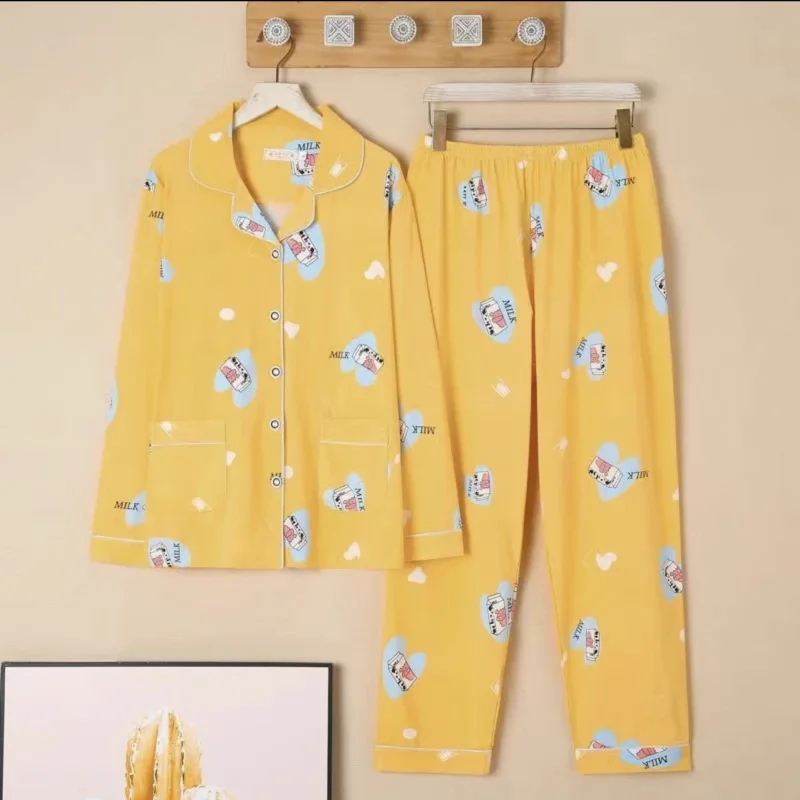 1 Pajama Woman 2023 Spring/Summer 2023 Big Lapel Milk Carton Print, Cardigan Pajama Two Piece Set Loose Loungewear Long Style