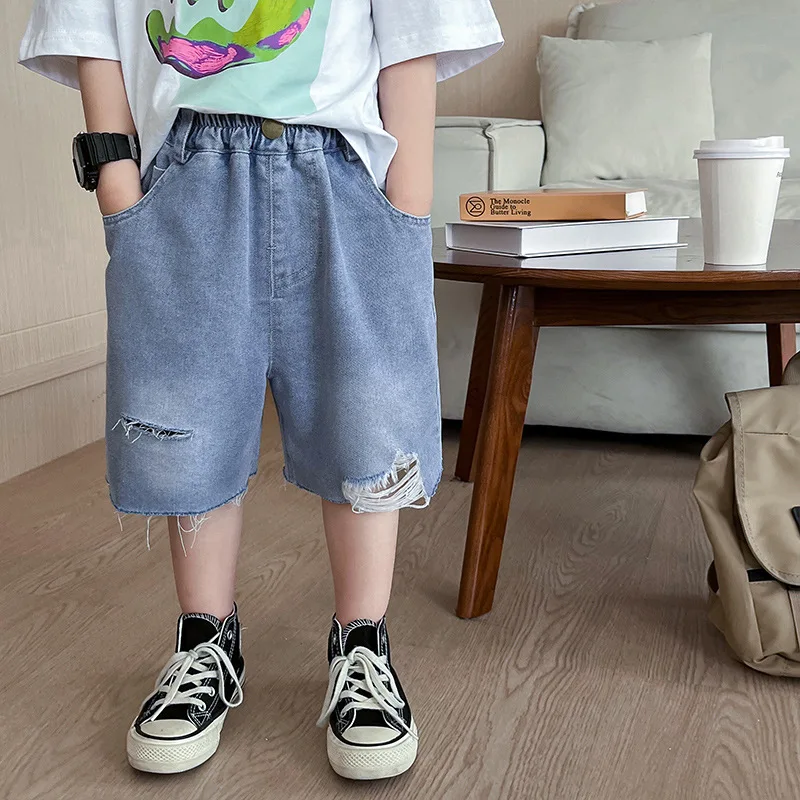 

Korean Style Baby Shorts Boys Jeans Ripped Pants Fifth Pants Fashion Elastic Waist Soft Cool Handsome