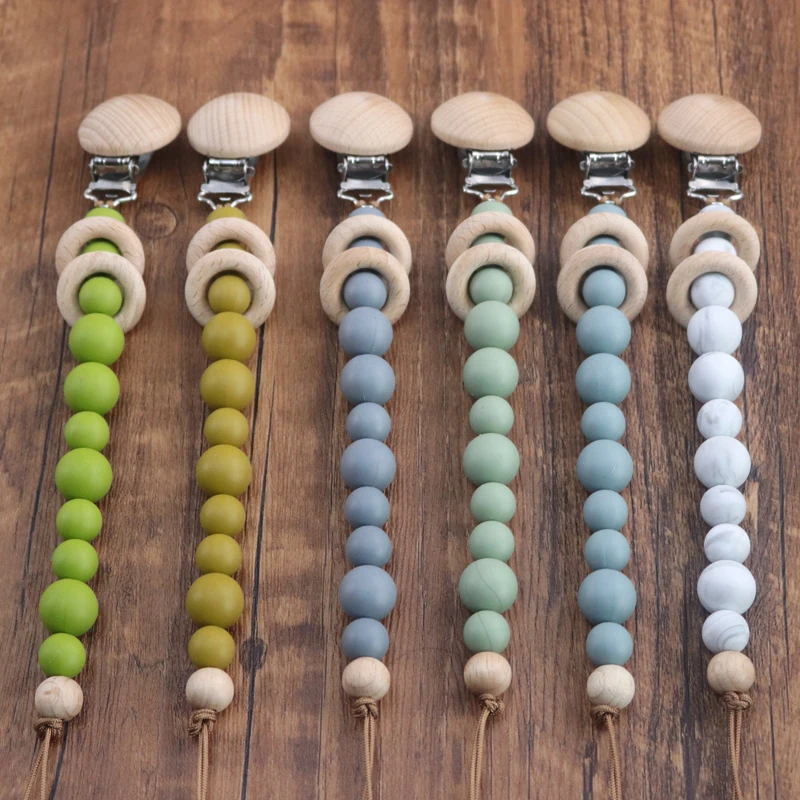 

Baby Pacifier Chain Silicone Beads Beech Wooden Ring Pacifier Clip Teether Dummy Holder Infant Nipple Appease Soother Chain