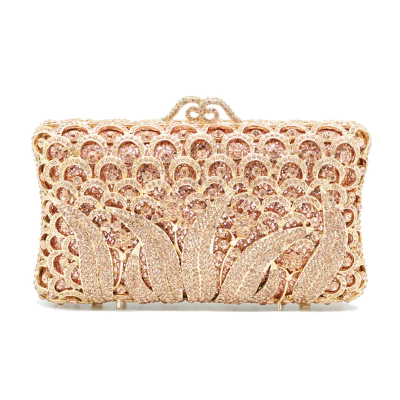 DG PEAFOWL  Wedding Party Cocktail Metal Minaudiere Diamond Handbag and Purse Hollow Out Crystal Women Clutches Evening Bags 131