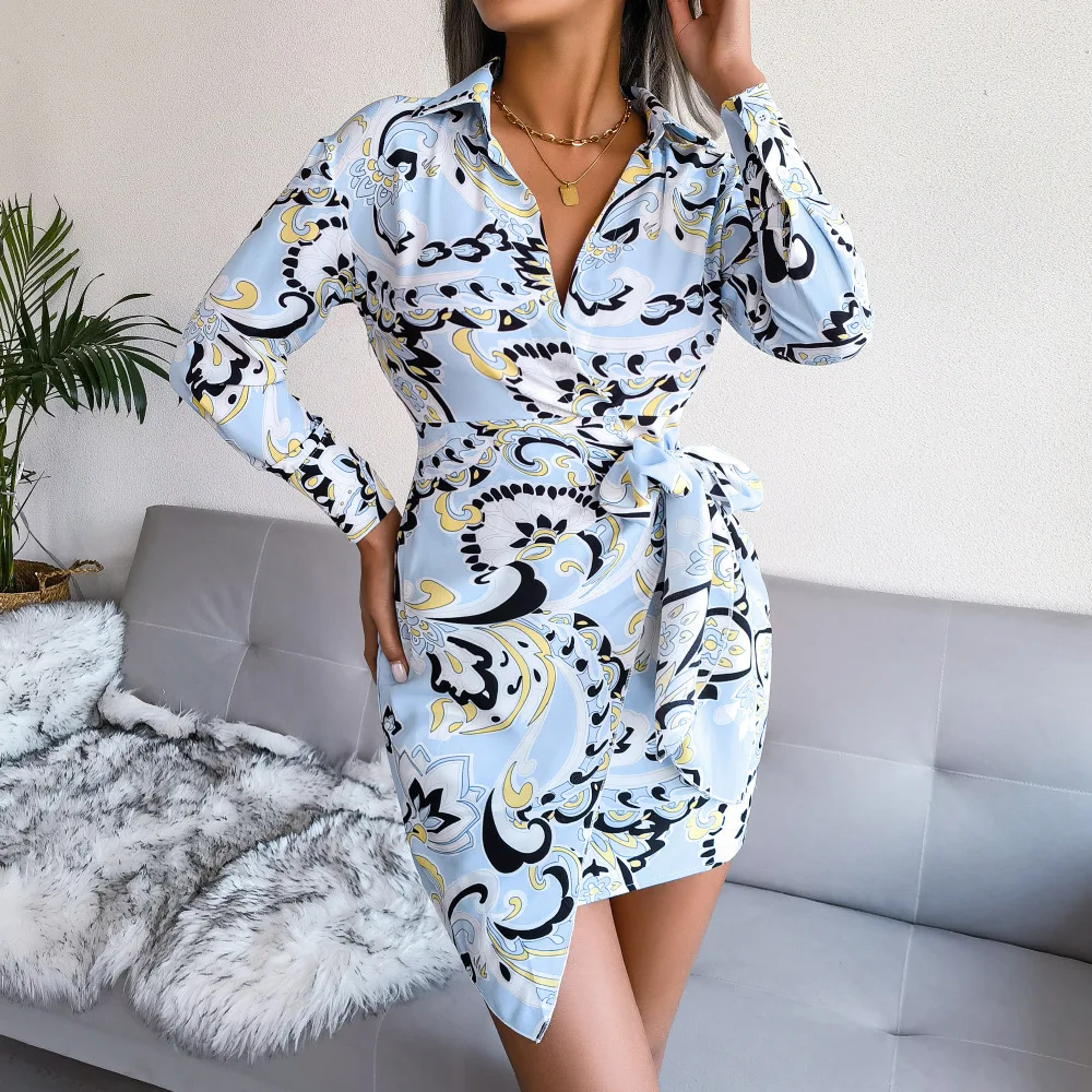 

Sexy Print V-Neck Wrap Casual Dress For Women 2023 Autumn Long Sleeve High Waist Bandage Holiday Mini Shirt Dress Femme Vestidos