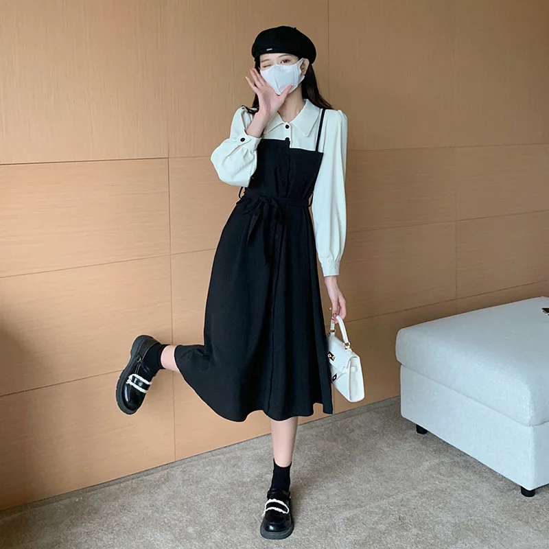 

Spring Dress Women's 2022 Black French Hepburn Holiday Two-piece Long-sleeved Short Autumn Dress