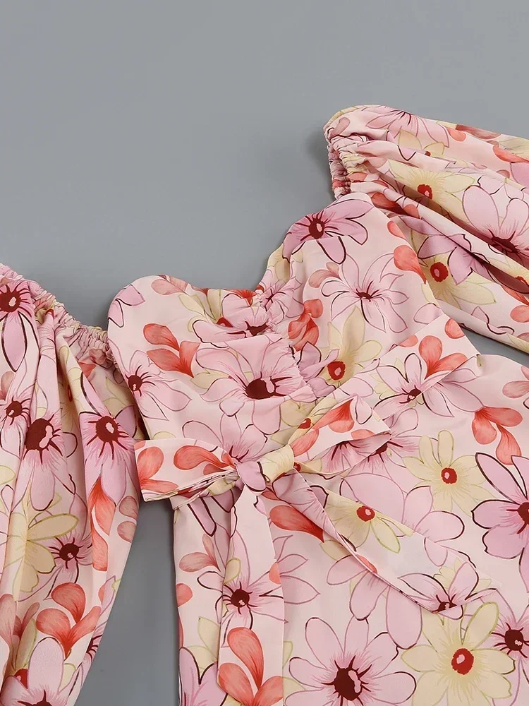 Женское длинное платье с цветочным принтом элегантное розовое V-образным вырезом