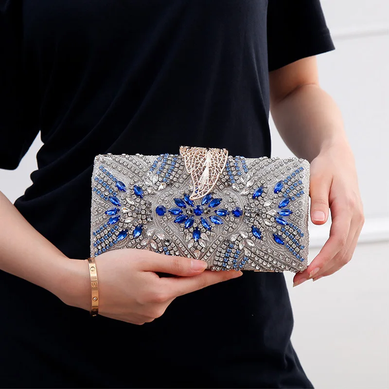 Luxury Designer Handmade Diamond Evening Bag Rhinestone Square Box Blue Clutch Bridal Wedding Bags for Women Purse Shoulder Bag