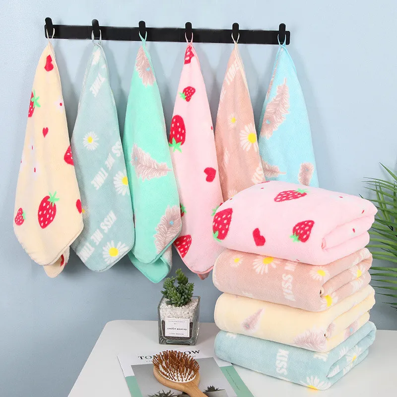 

1Pc 35x75cm/70x140cm Flower Fruit Printed Hanging Hand Towel Coral Fleece Home Soft Bathroom Shower Bath Towels