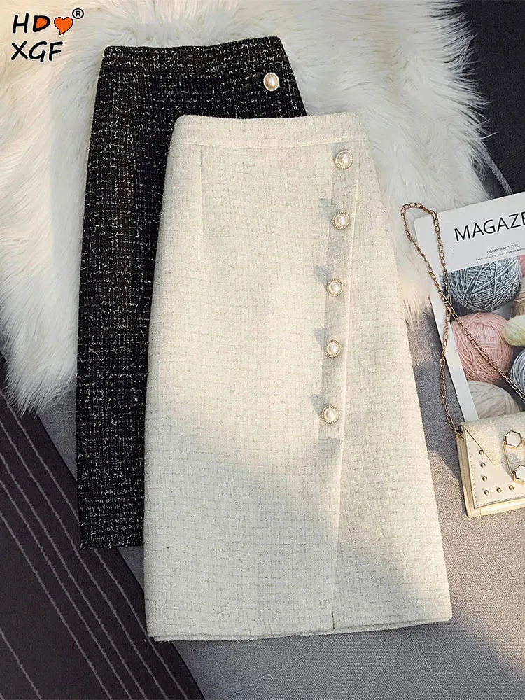 

Elegant Luxury Bright Silk Woole Midi Skirt For Women Vintage Zipper High Waist Thickening Split Skirt All-match Warm Long Skirt