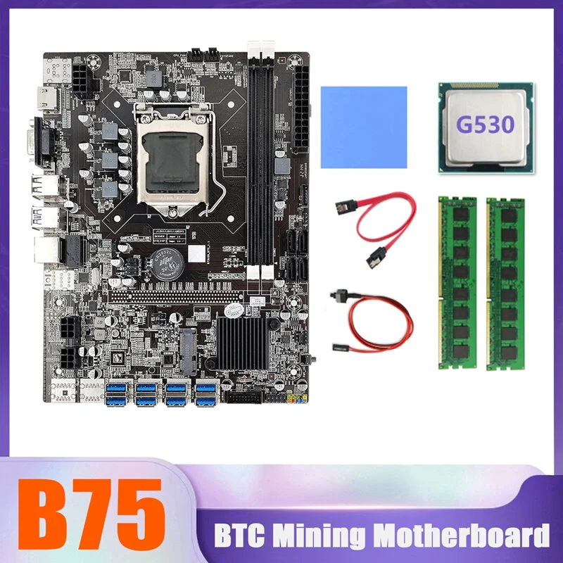 B75 BTC Miner Motherboard 8XUSB+G530 CPU+2XDDR3 4G 1333Mhz RAM+SATA Cable+Switch Cable+Thermal Pad B75 USB Motherboard
