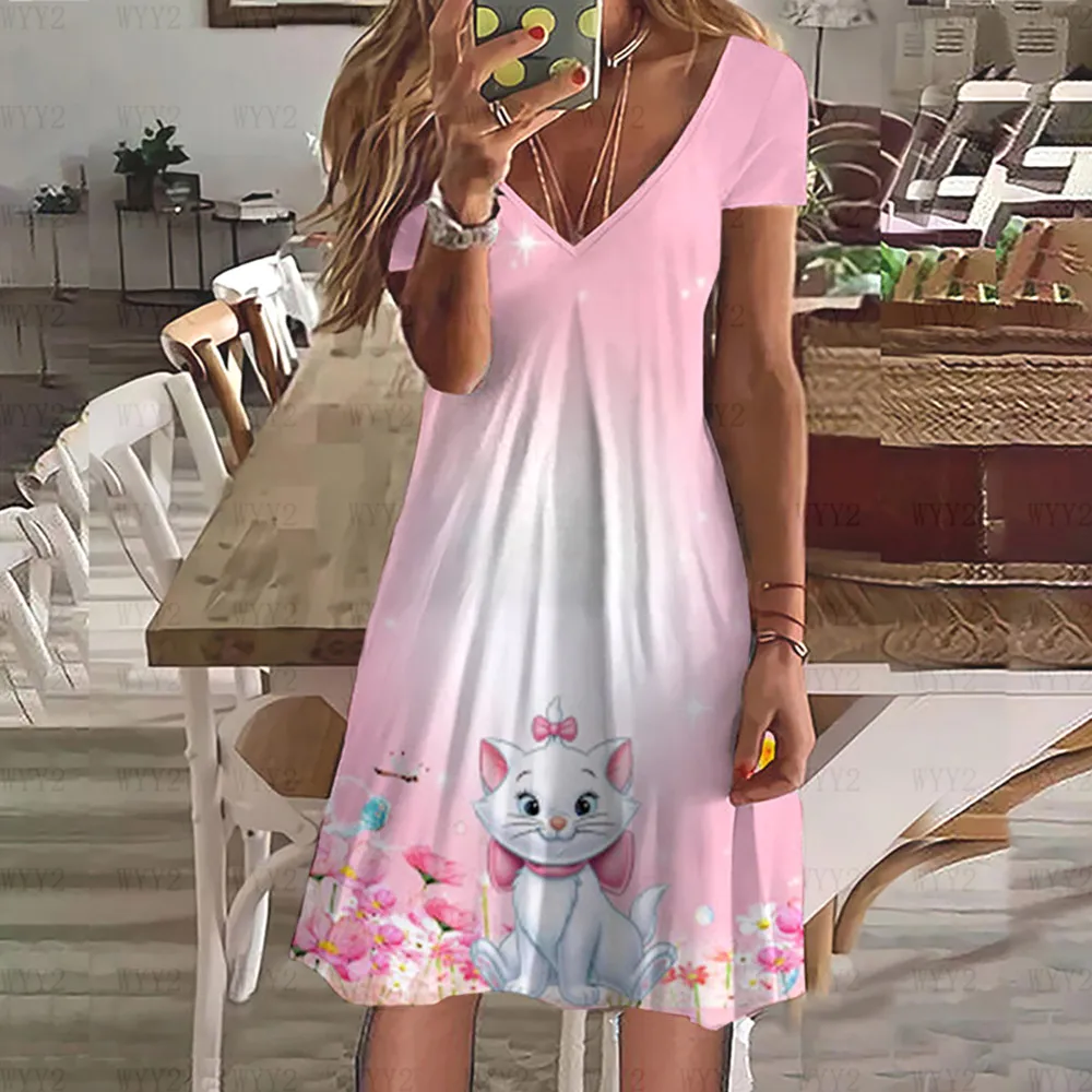 

Elegant Women's Dress Summer New Disney Cartoon Marie Print V Neck Short Sleeve Dress 2023 Fashion Women