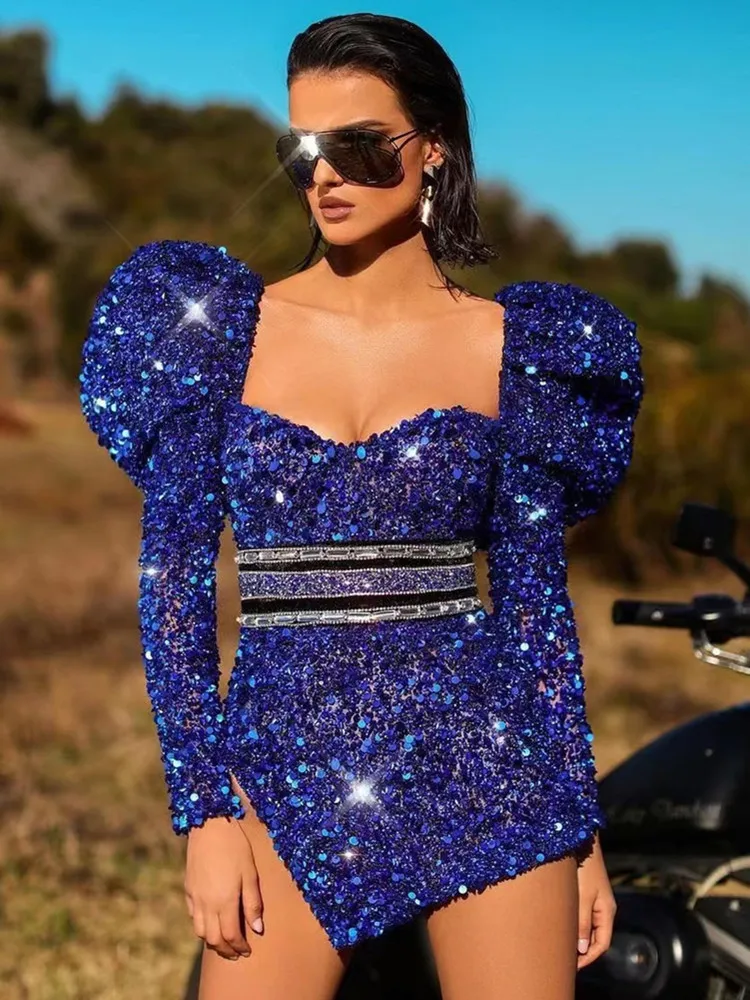 

High Quality Women Sexy Long Sleeve Blue Mesh Sequins Glitter Sparkly Bodycon Mini Dress 2022 Elegant Evening Club Party Dress