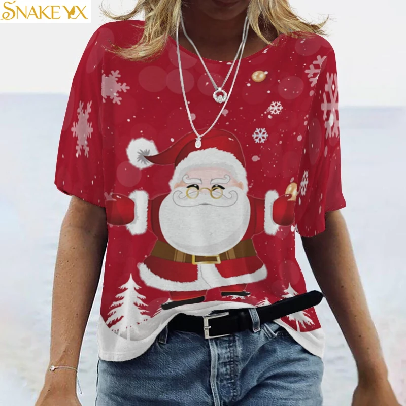 

Женский топ с коротким рукавом и круглым вырезом, с рождественским принтом