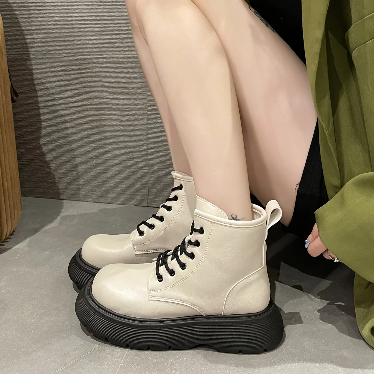 2023Women's Shoes Fashion Women's Boots Thick-soled Autumn PU Leather Ankle Boots Motorcycle Thickened Heel Lace Up  Boots Women